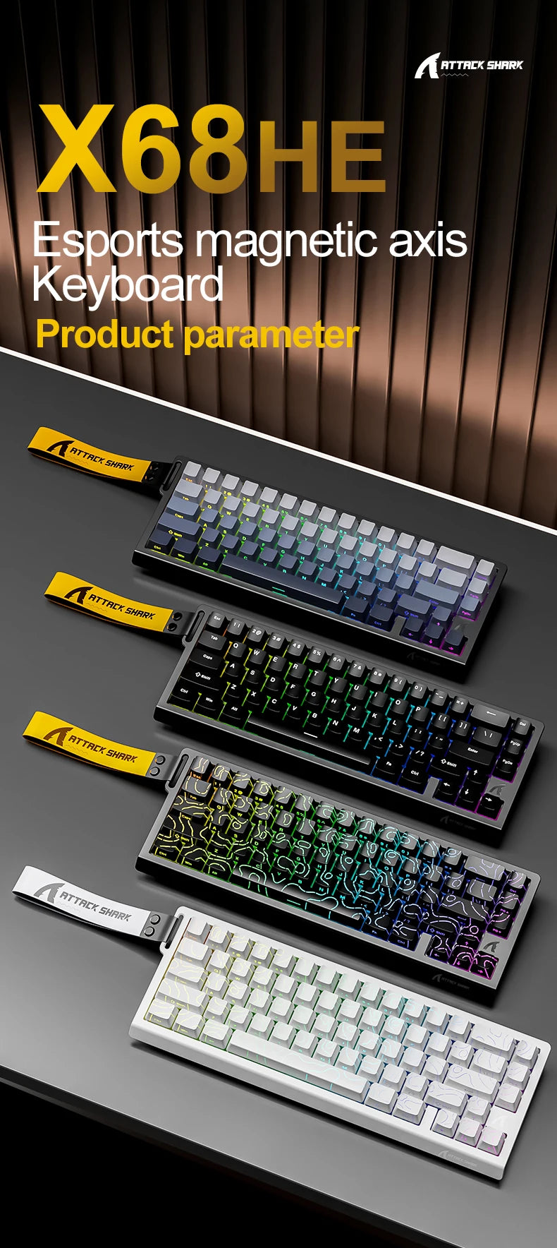 Teclado mecânico magnético ATTACK SHARK X68HE X68Pro He para gaming profissional, acionamento rápido de 0.01mm, 8000Hz, SOCD/Rs, 0.125ms, taxa de 128K
