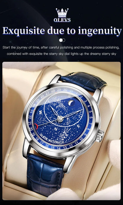 OLEVS 9923 Men's Watches Moon Phase Automatic Mechanical Watch for Man Blue Leather Luxury Dress Waterproof Luminous Wristwatch