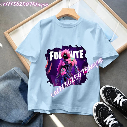 T-shirt blu in cotone per bambini Fortnites, maglietta a maniche corte Fortress Night per bebè, capo estivo cartoon per bambini e bambine, top kawaii, idea regalo