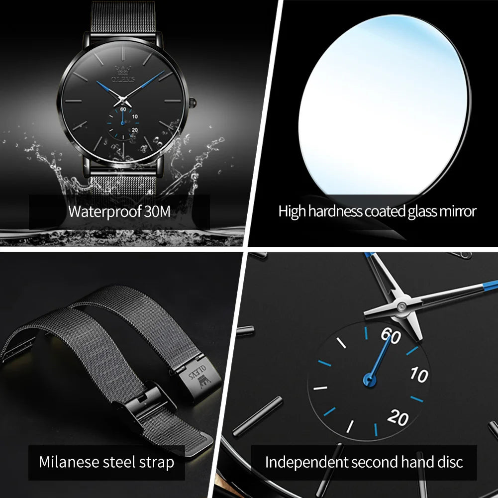 OLEVS 9954 Fashion Men's Watches Minimalism Ultrathin Original Quartz Wristwatch Waterproof Watch for Man Luminous Casual Mesh