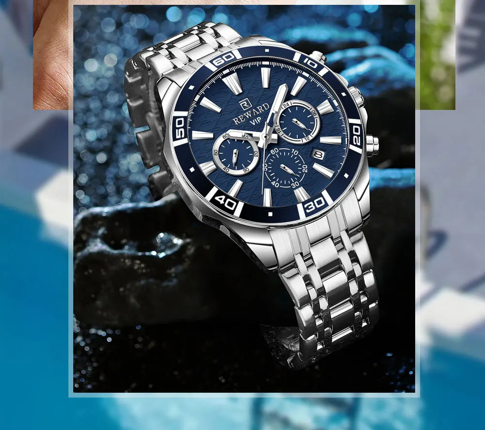 REWARD Mens Watches Waterproof  Luminous Quartz Wristwatch Business Stainless Steel Strap with gift box