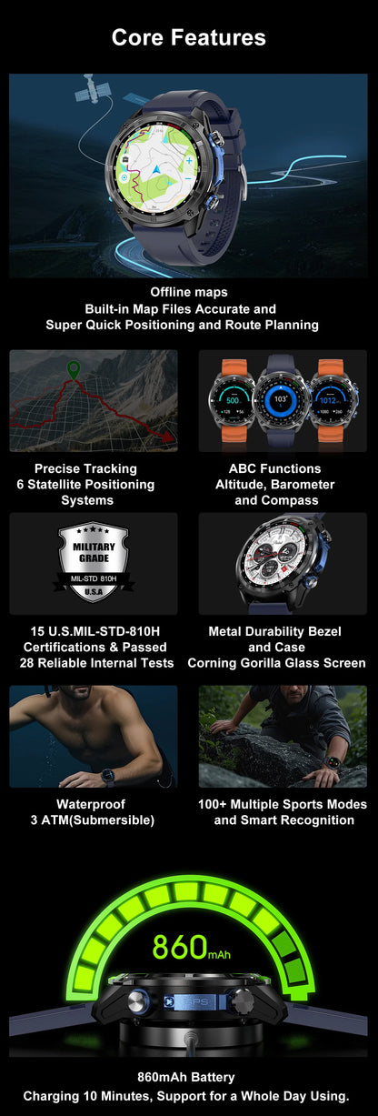 New Men TANK GPS Map Smart Watch Outdoor Compass 1000mAh Large Battery 10ATM Waterproof Bluetooth Call Sports AMOLED Smartwatch