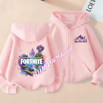 Casacos com capuz e fecho para criança Fortnites, sweatshirts Anime Fortress Night, sweatshirts gaming de primavera/outono, roupa desportiva infantil, presente