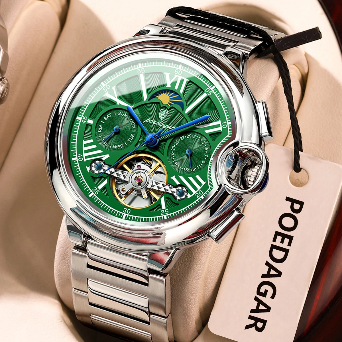 Pánské hodinky POEDAGAR, luxusní a profesionální styl, s ukazatelem data a dne v týdnu, tourbillonem, pouzdrem z nerezové oceli, automatickým mechanickým strojkem a vodotěsností.
