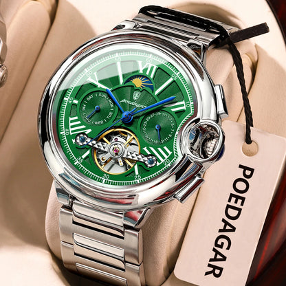Pánské hodinky POEDAGAR, luxusní a profesionální styl, s ukazatelem data a dne v týdnu, tourbillonem, pouzdrem z nerezové oceli, automatickým mechanickým strojkem a vodotěsností.