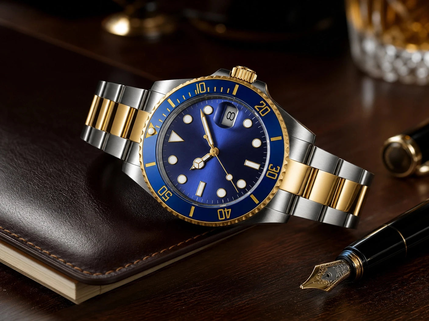 Custom logo NH35 MIYOTA 8215 Automatic Men Watch Luxury Diver Two Tone Gold 316L Stainless Steel Sapphire 10ATM Sterile  Sunburs