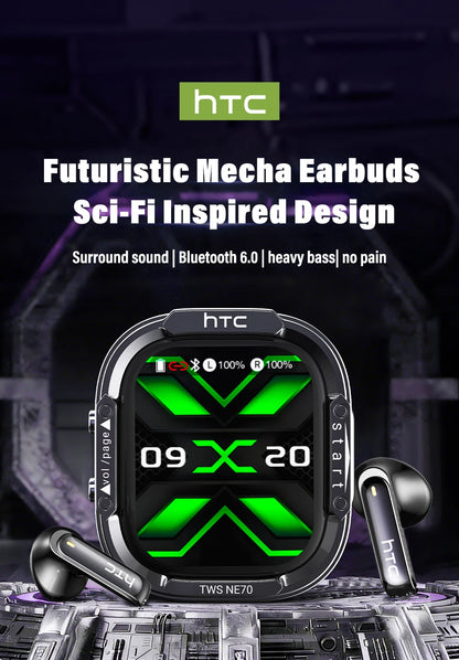 HTC NE70 Bluetooth Earphones Touch Screen TWS in-Ear Wireless Headphones AI Translator Noise Reduction Earbuds Game Heatset