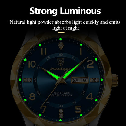 POEDAGAR Top Business Men Quartz Watch Waterproof Date Week Luminous Wristwatch Stainless Steel Fashion Men's Watches Man Clock