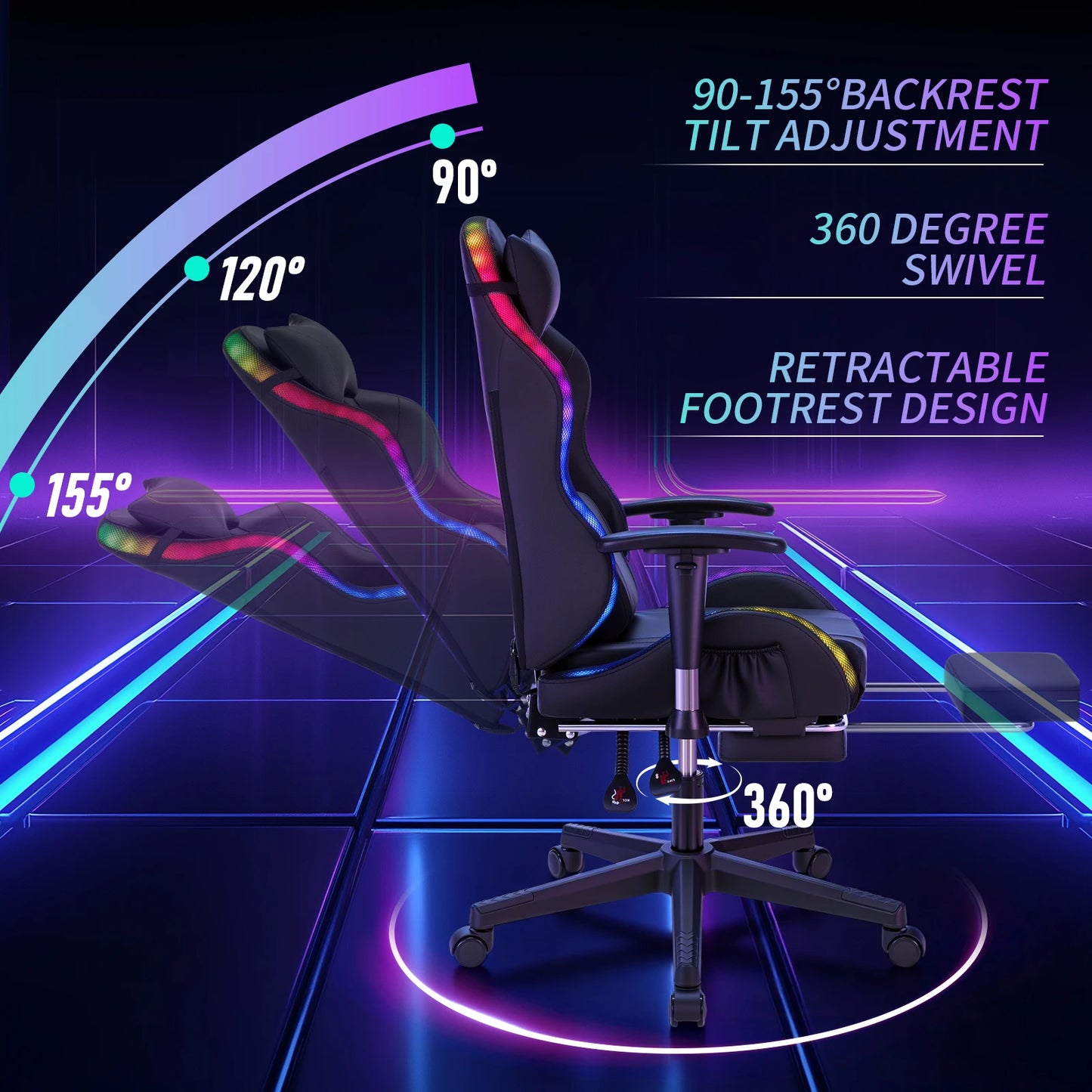 Cadeira Gaming LED para Crianças dos 8 aos 15 Anos, Cadeira Gamer Ajustável com Iluminação LED, Apoio para Pés e Suporte Lombar, Cadeira Ergonómica para PC