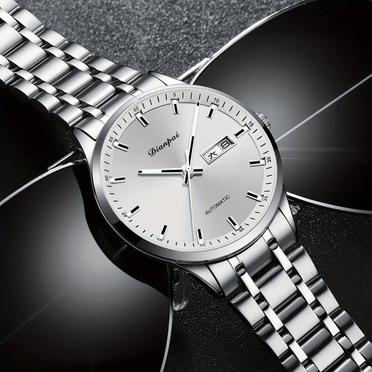 Dianpai men’s automatic mechanical watch – Luxury model, luminescent display, classic and sleek design, stainless steel, water-resistant, with calendar and day-of-the-week display