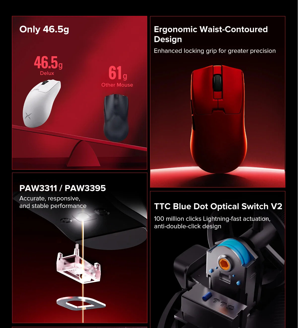 Delux M800mini Wireless Gaming Mouse, 46g Lightweight, PAW3395/PAW3311, 1KHz Polling Rate for Small to Medium Hand PC Gamer