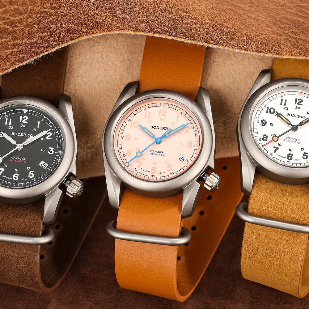 Relógio masculino Boderry Field Watches VOYAGER, caixa em bronze, mecânico automático, 100M impermeável, estilo militar, marca de topo