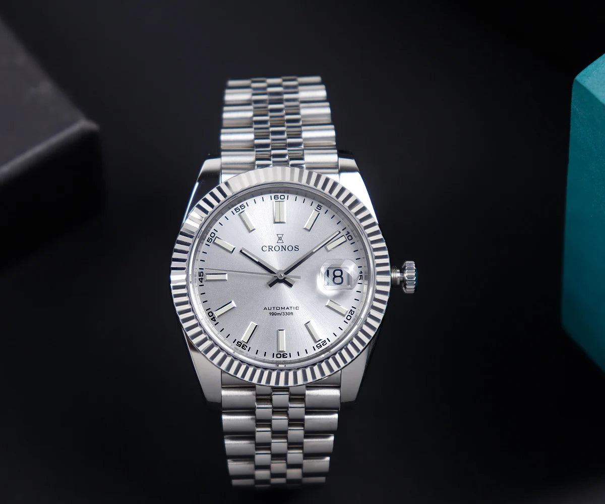 Cronos DateJ Luxury Men's Watch, Stainless Steel 5 Links Bracelet, PT5000 Miyota 9015, 100m Water Resistant, Sapphire