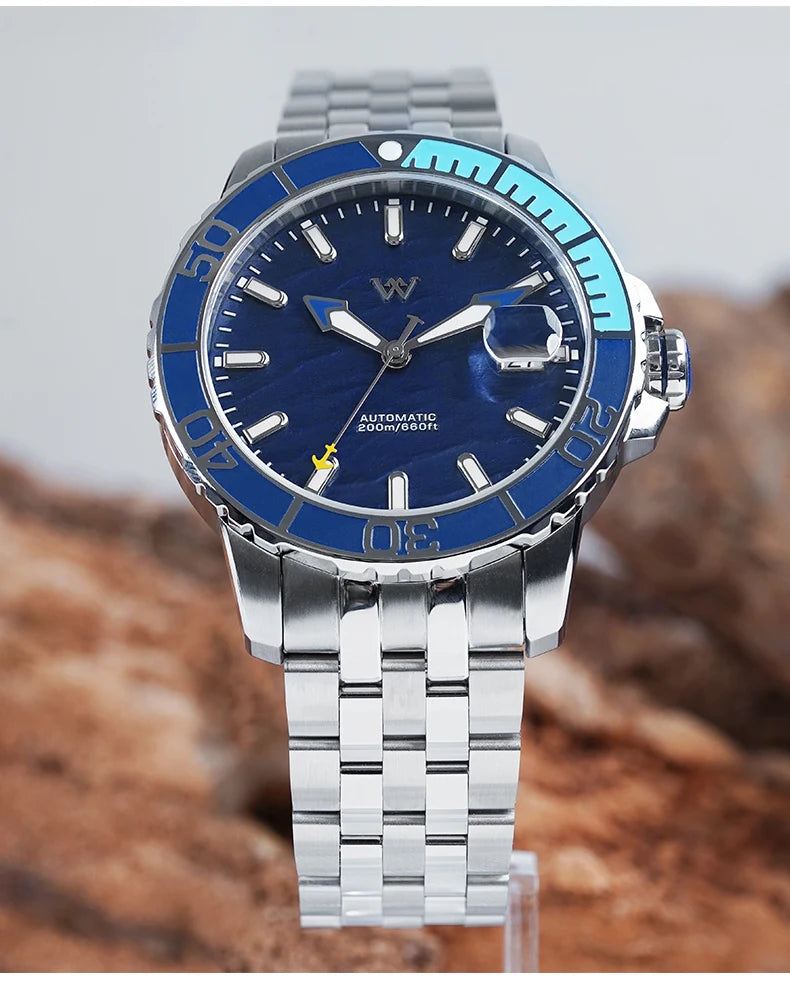 WM Watch Automatic Mechanical Watches NH35 Anti-reflective 200 Water Resistant Sapphire Crystal Welly Merck Watch WM206