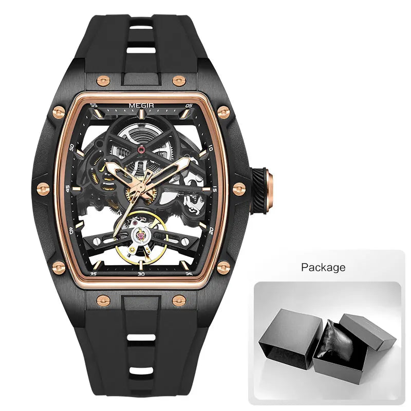 MEGIR 2242 Blue Automatic Watch for Men Sport Waterproof Stainless Steel Mechanical Wristwatch with Silicone Strap Skeleton Dial