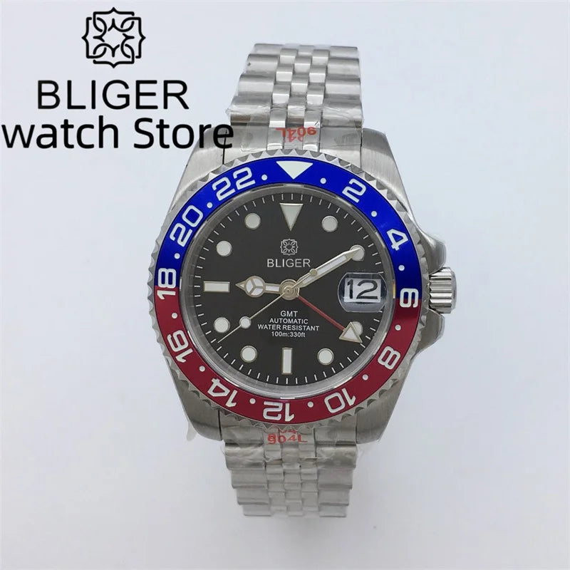 BLIGER 40mm NH34 GMT Watch For Men Mechanical Wristwatch Luminous Bezel Sapphire Glass Stainless Steel Bracelet Men's Watch