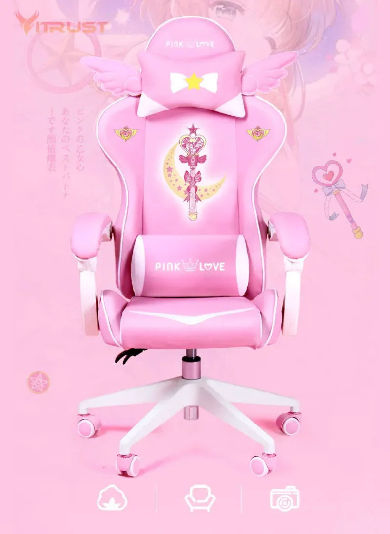 Pink Gaming Chair for Girls, Cute Comfortable Gaming Chair with Armrests, Swivel Height Adjustable Gamer Chair for Bedroom, Office & Streaming