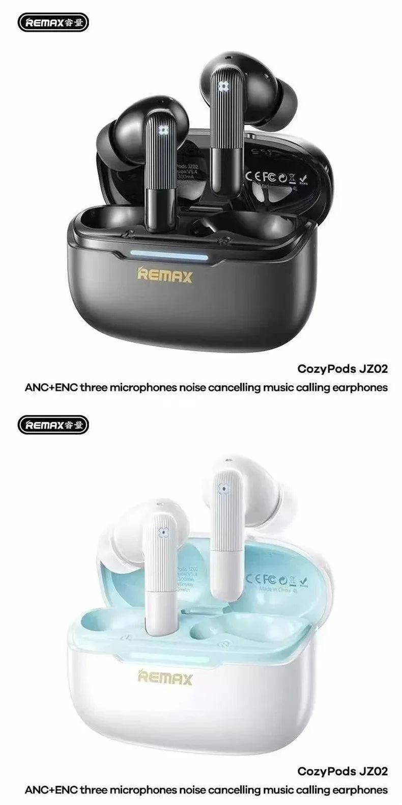 Écouteurs sans fil Remax ANC, réduction de bruit de 45 dB, 6 micros, ENC, appels HD, Cozypods JZ02, mode gaming, faible latence, 42h