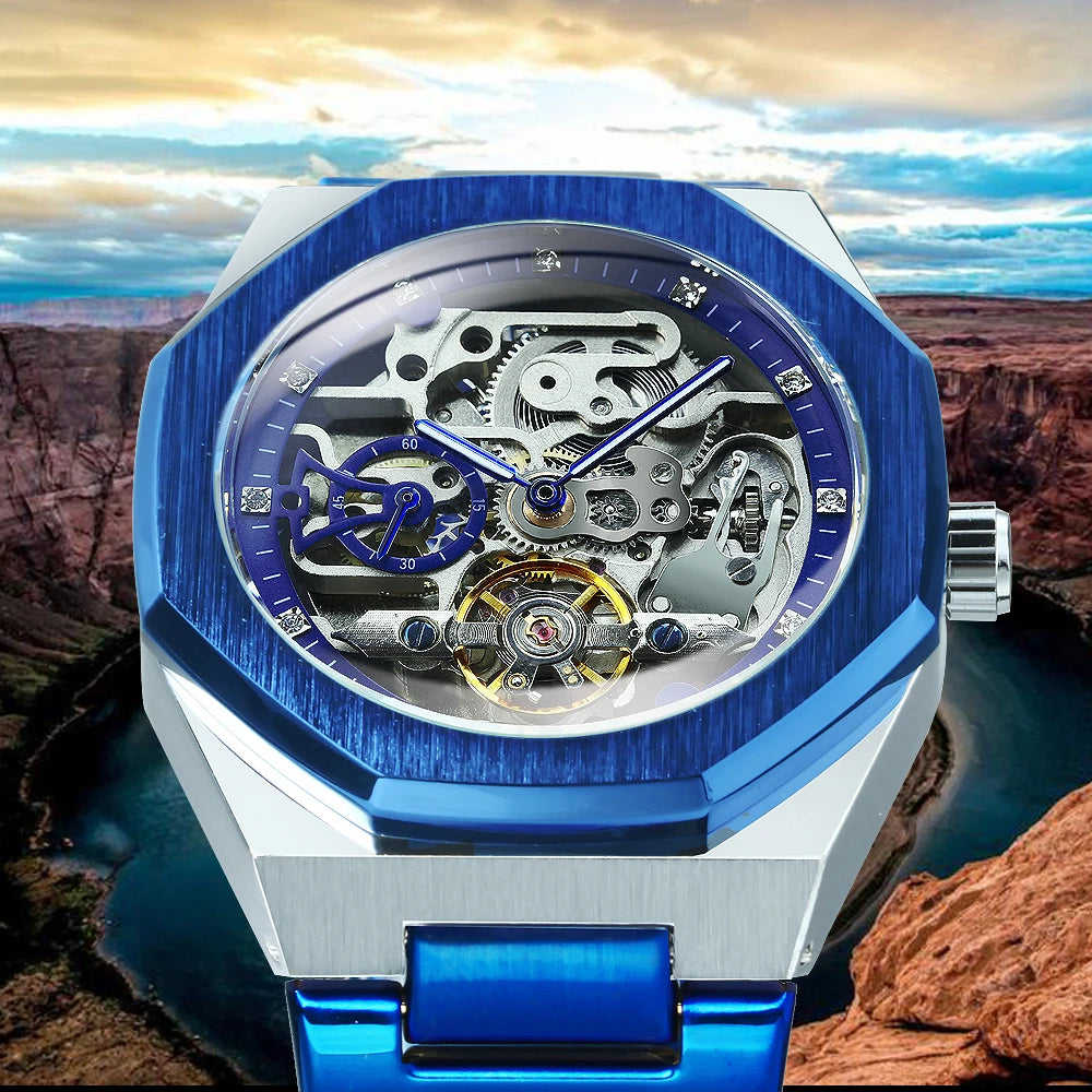 Forsining Tourbillon Skeleton Mechanical Watch for Men Luminous Hands Stainless Steel Strap Fashion Business Automatic Watches