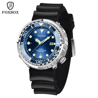 FOXBOX  Top Brand Fashion Diver Watch Men 50ATM Waterproof Date Clock Sport Watches Mens Quartz Wristwatch Relogio Masculino