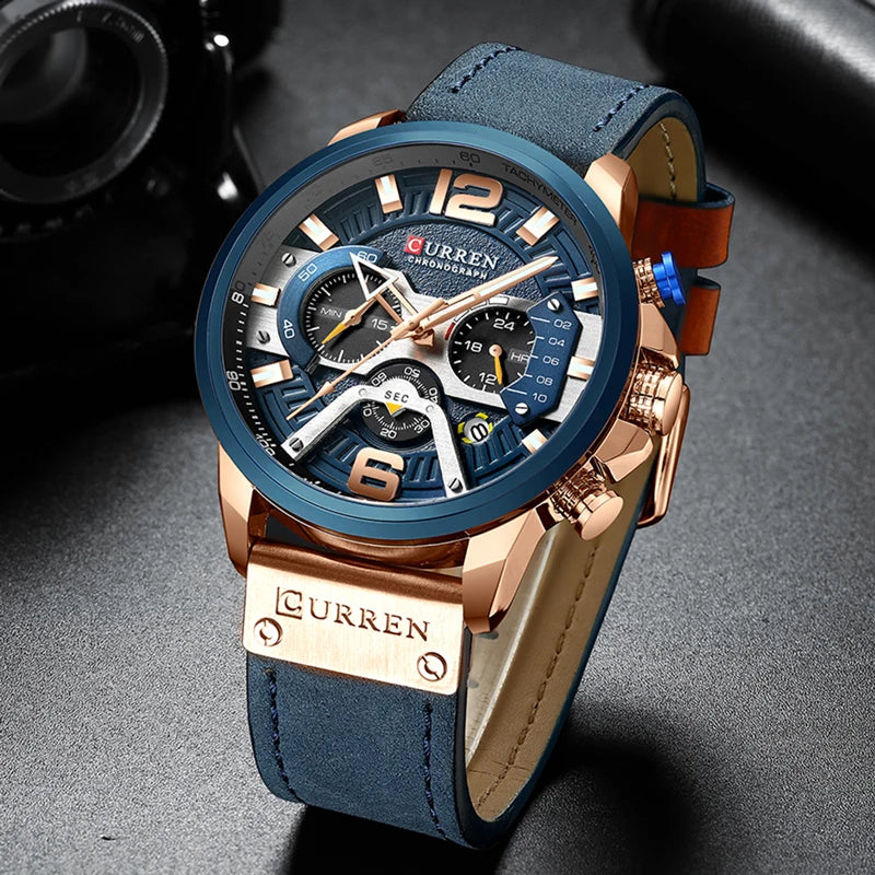 Orologio da uomo CURREN 8329 – Stile sportivo e casual, design militare, cinturino in pelle, cronografo di tendenza, orologio di lusso di un marchio prestigioso
