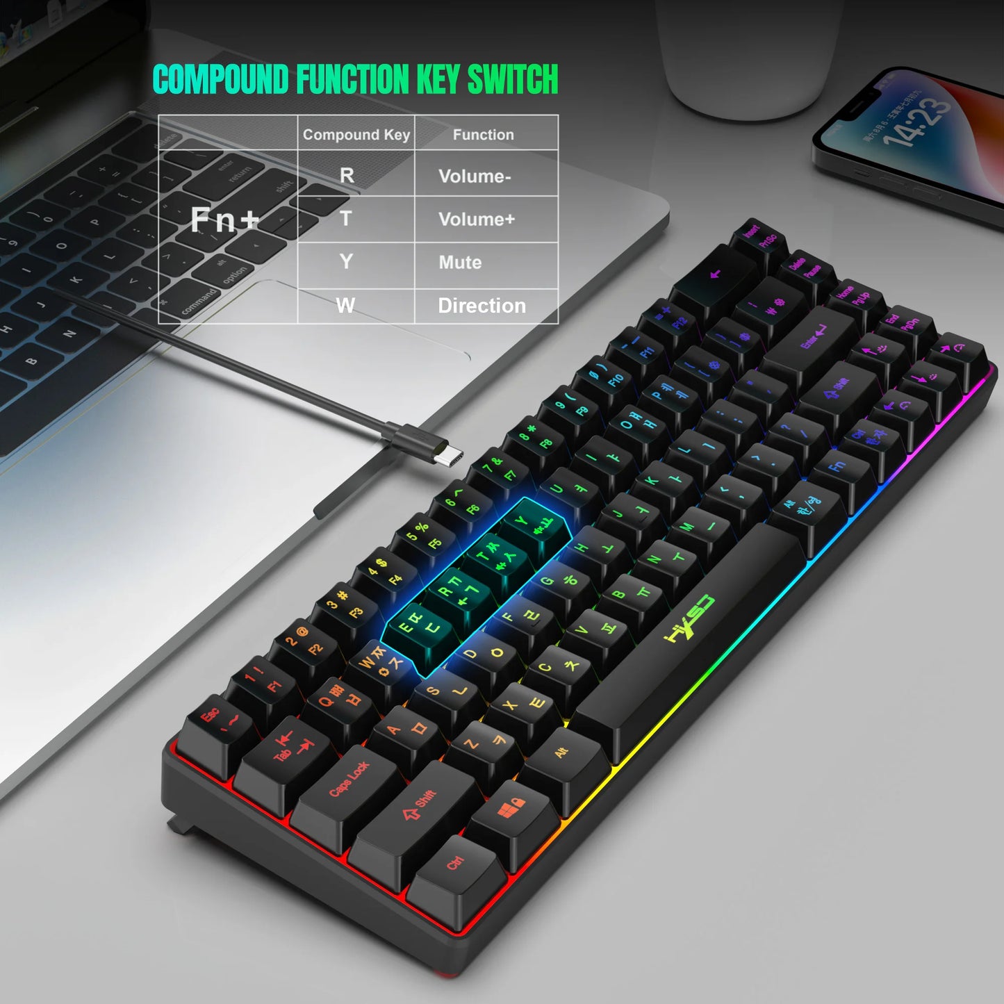 Teclado gaming coreano portátil HXSJ V200 de 68 teclas, teclado de membrana cableado para oficina con retroiluminación RGB al 65% para PC de escritorio y portátiles