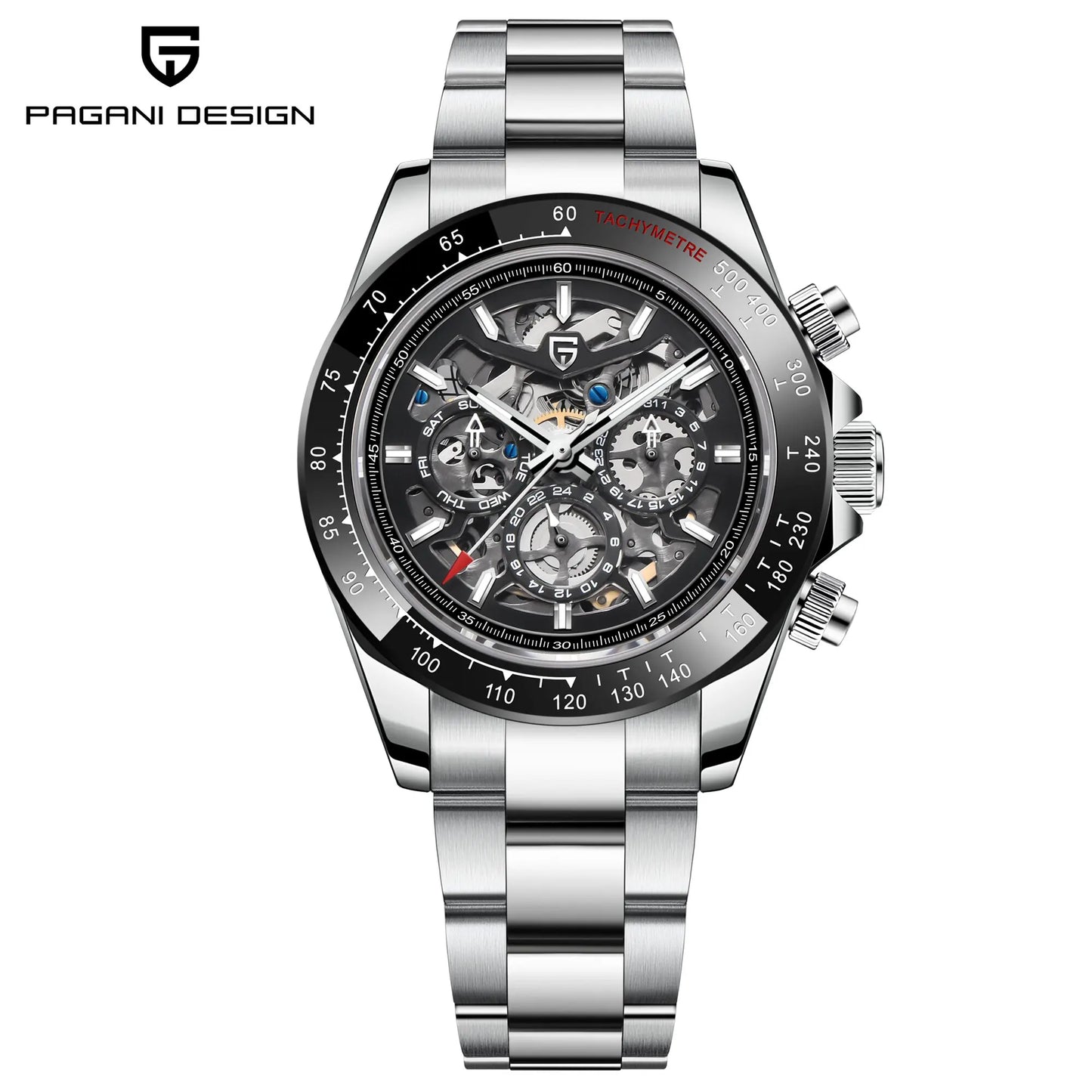 PAGANI DESIGN Personalized Men Automatic Mechanical Watch Colorful Gemstone Bezel Small Three-Pin Tachymeter Design Chronograph
