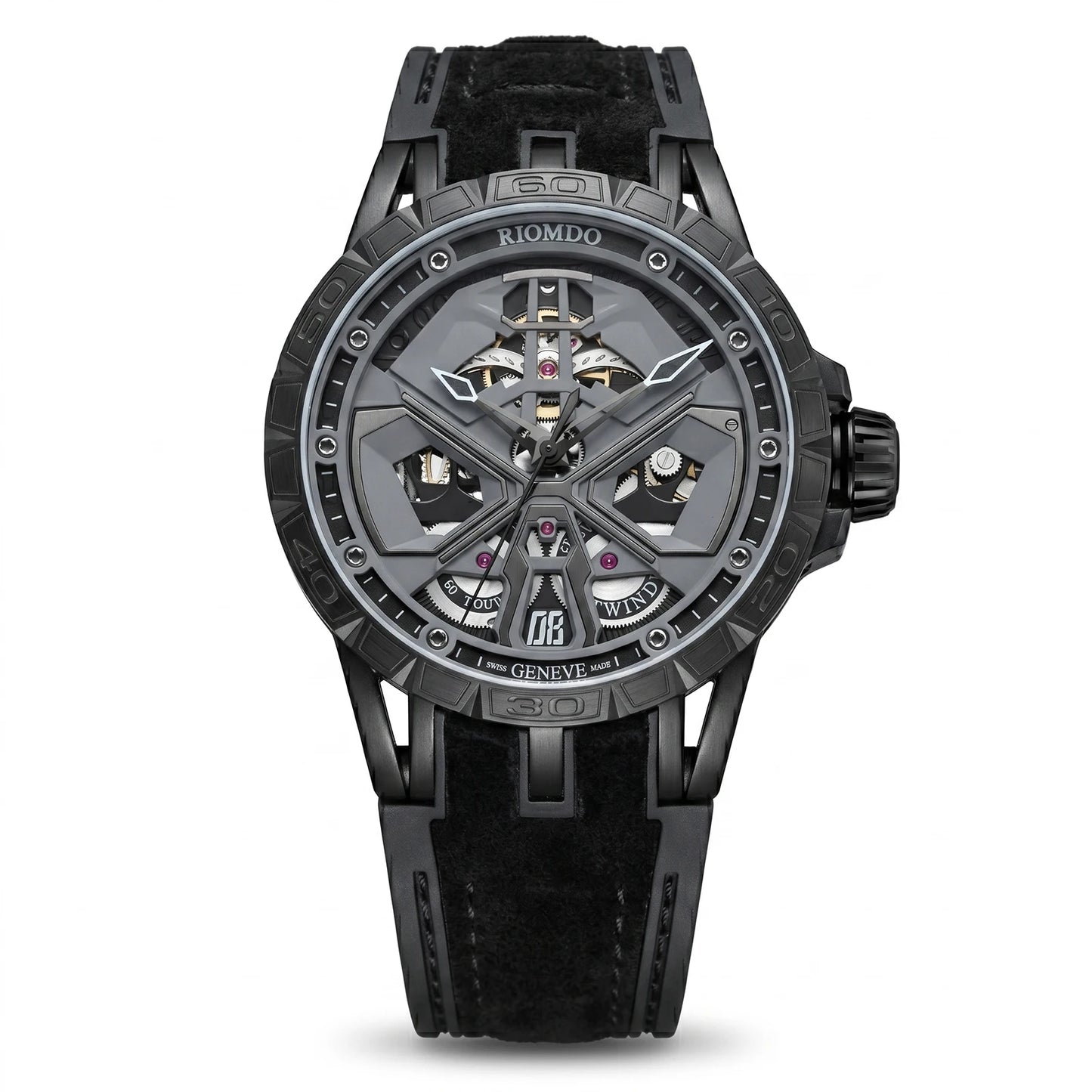 OBLVLO Mens Luxury Machinery Skeleton Mechanical Automatic Watches Analog Big Dial Blue Rubber Band Military Watch RD-909