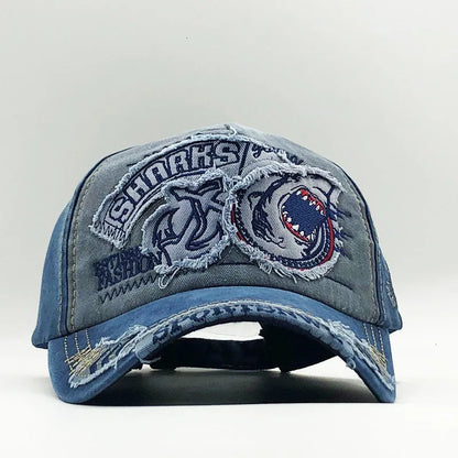 Trendy Shark Pattern Washed Baseball Cap for Men Women, Outdoor Fishing Sun Hat, Unisex Vintage Hip Hop Flat Brim Caps