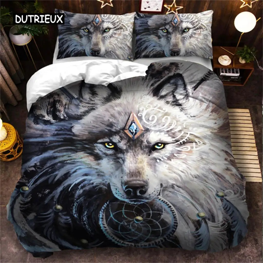 Conjunto de Cama 3D Lobo Preto e Branco com Apanhador de Sonhos em Estilo Tribal Étnico, Capa de Edredão para Adolescentes, Adultos, Mulheres e Homens, Decoração de Quarto