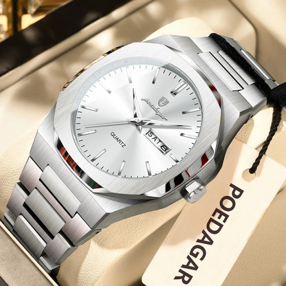 POEDAGAR Fashion Brand Male Watch Waterproof Luminous Stainless Steel Watches For Men Date Week Casual Quartz Men's Clock Reloj
