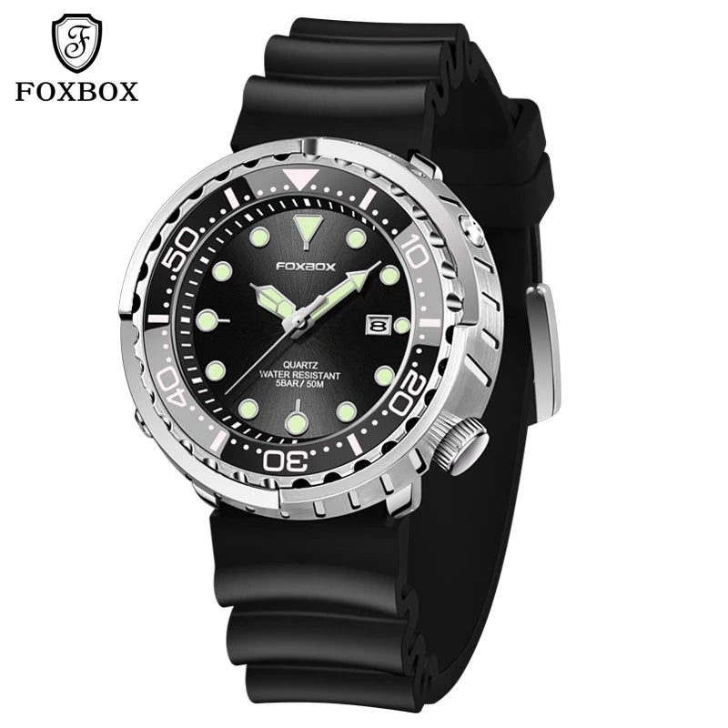 FOXBOX  Top Brand Fashion Diver Watch Men 50ATM Waterproof Date Clock Sport Watches Mens Quartz Wristwatch Relogio Masculino