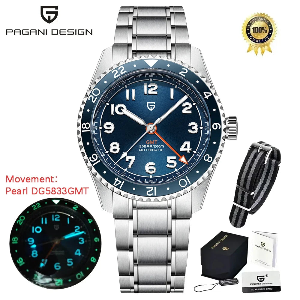 PAGANI DESIGN 2026 NEW Top GMT Men Automatic Mechanical Watches Pearl DG5833 Waterproof Luminous Sapphire Glass reloj hombre