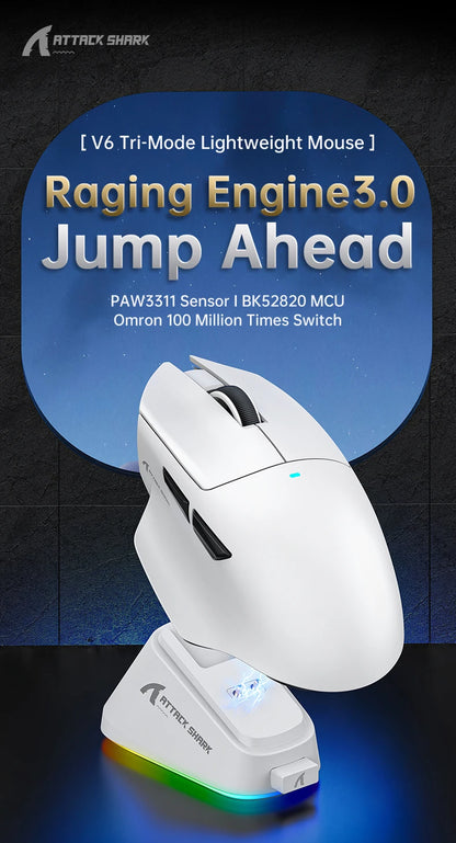 ATTACK SHARK V6 Wireless Gaming Superlight Mouse with RGB Magnetic Charging Dock, PAW3311 Sensor, Macro Gaming Mouse