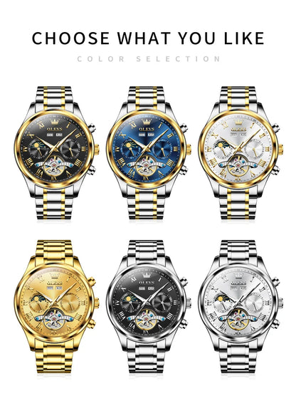 OLEVS 7005 Classic Business Mechanical Wristwatch for Man Skeleton Flywheel 24 Hour Moon Phase  Calendar Luxury Men's Watch