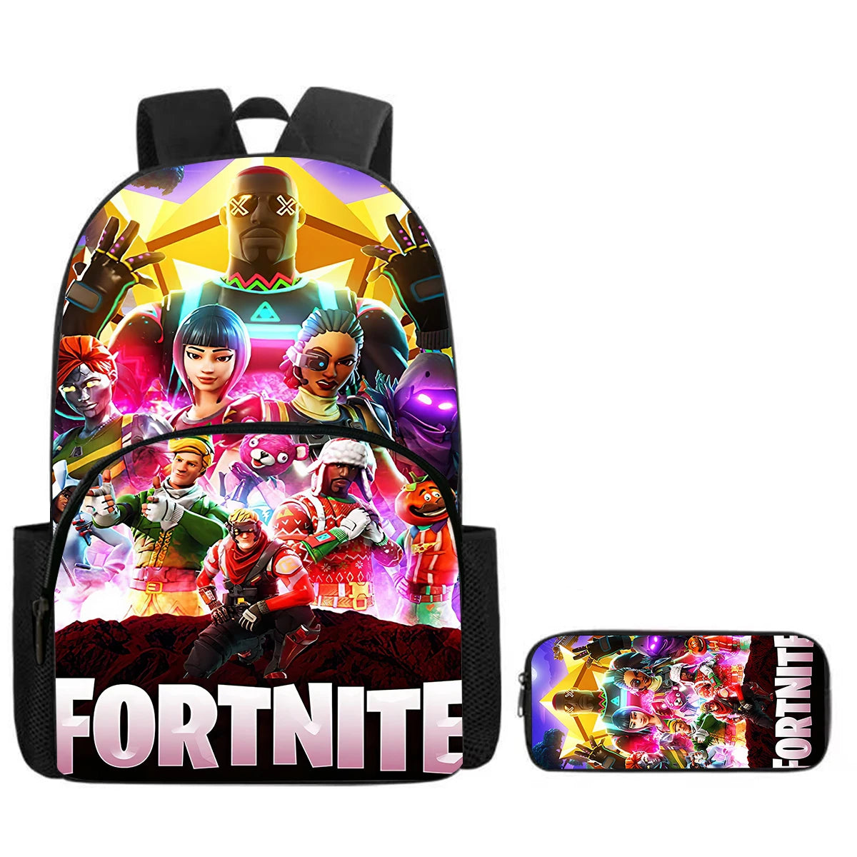 Fortnite Cartoon 2-Piece Set Backpack with Front Pocket Pencil Case Unisex Large Capacity School Bag Ages 5-8