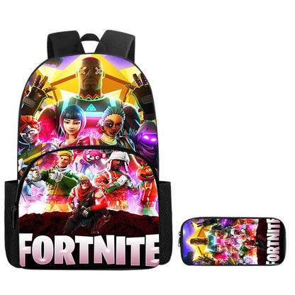 Fortnite Cartoon 2-Piece Set Backpack with Front Pocket Pencil Case Unisex Large Capacity School Bag Ages 5-8