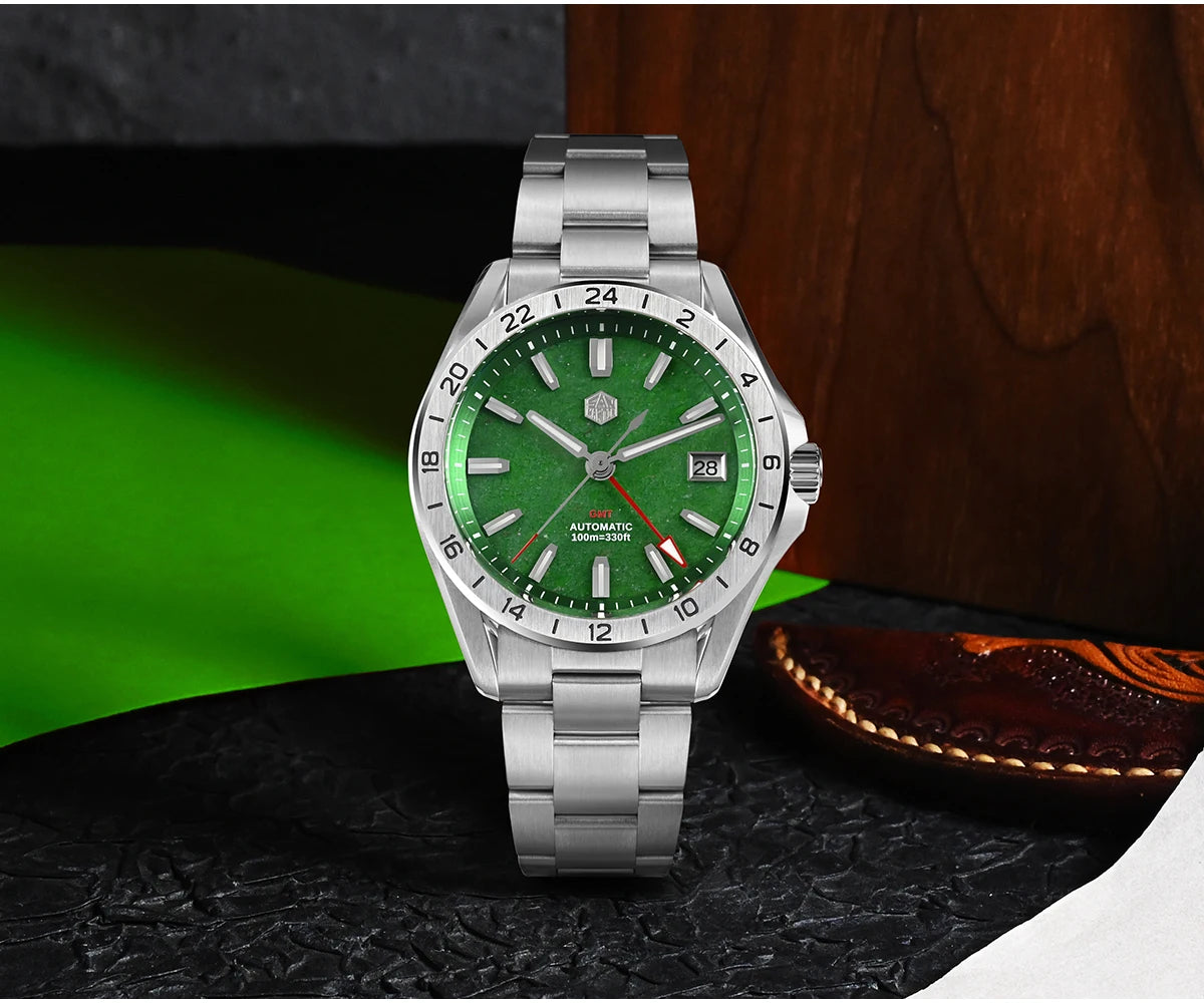 Reloj de lujo para hombre San Martin 39mm con esfera de aventurina, NH34 GMT automático mecánico, zafiro, resistente al agua, luminoso, SN0129