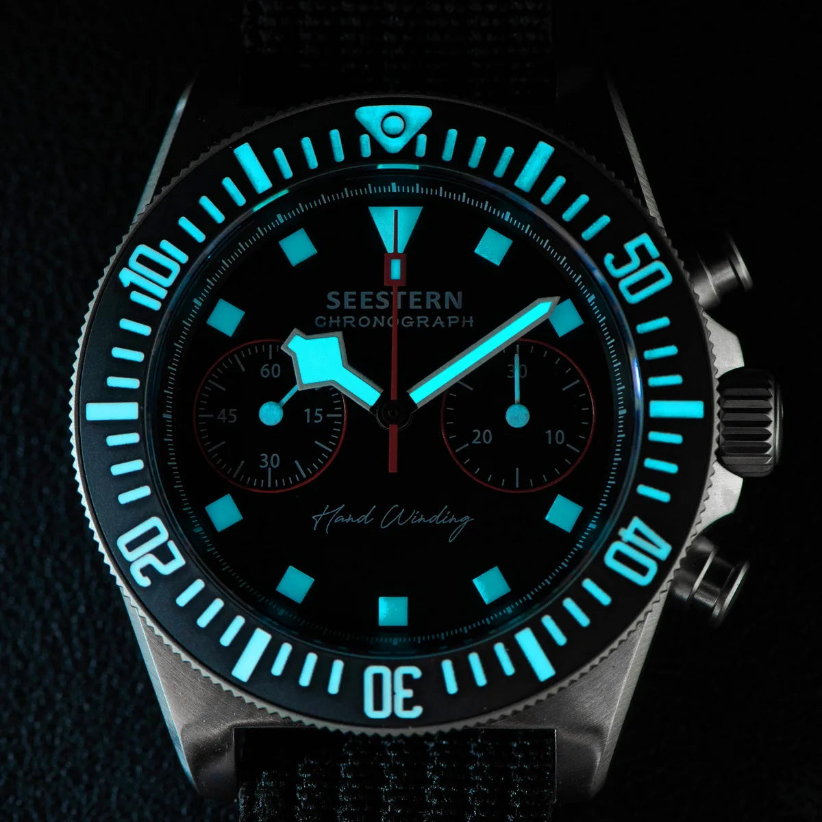 Cronógrafo SEESTERN para homem com movimento mecânico Tianjin ST1901, vidro de safira, bracelete de nylon, autocolante, luminoso, esqueleto