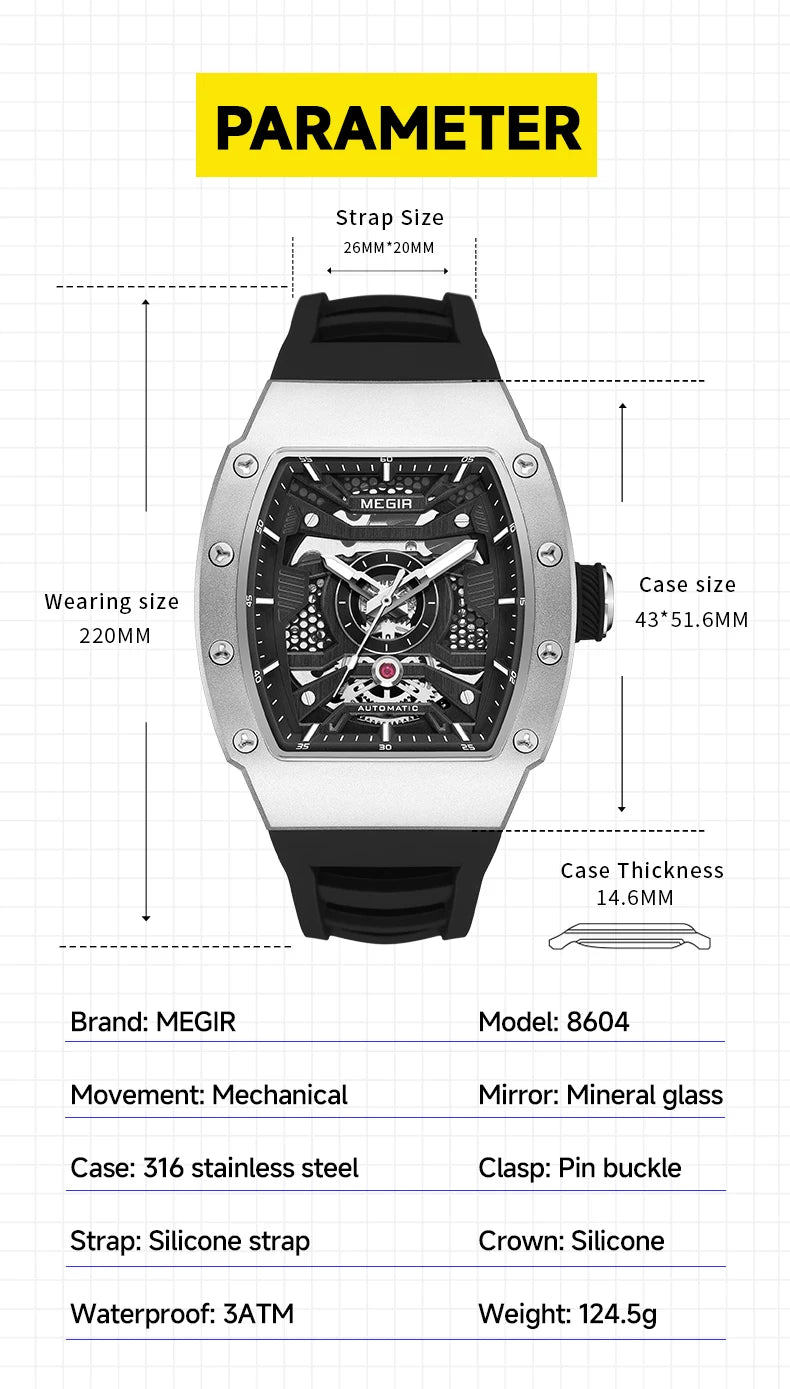 MEGIR Men's Automatic Mechanical Watch with Stainless Steel Case Sillicone Strap Fashion Waterproof Luminous Wristwatch 8604