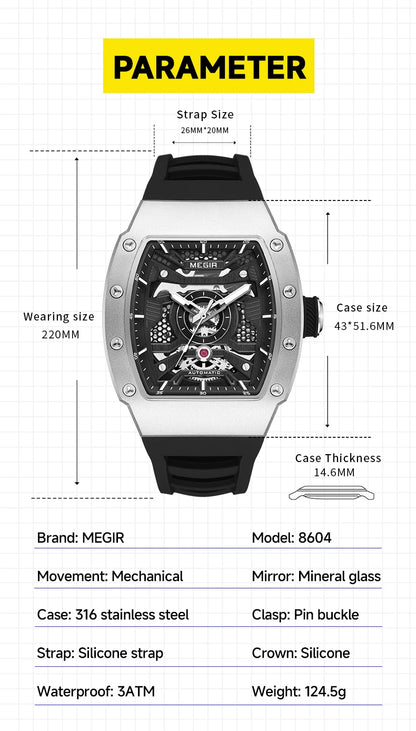 MEGIR Men's Automatic Mechanical Watch with Stainless Steel Case Sillicone Strap Fashion Waterproof Luminous Wristwatch 8604