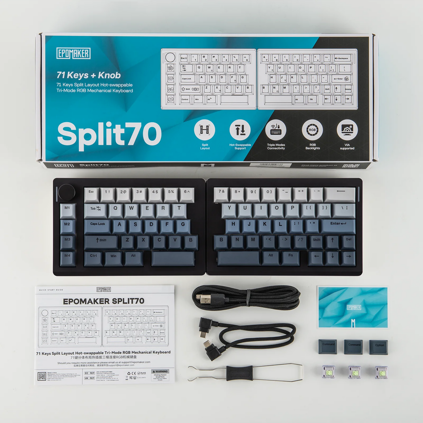 Teclado mecánico inalámbrico EPOMAKER Split70 QMK/VIA 70% con diseño dividido, conexión cableada/BT/2.4Ghz y perilla programable, modificador Mac