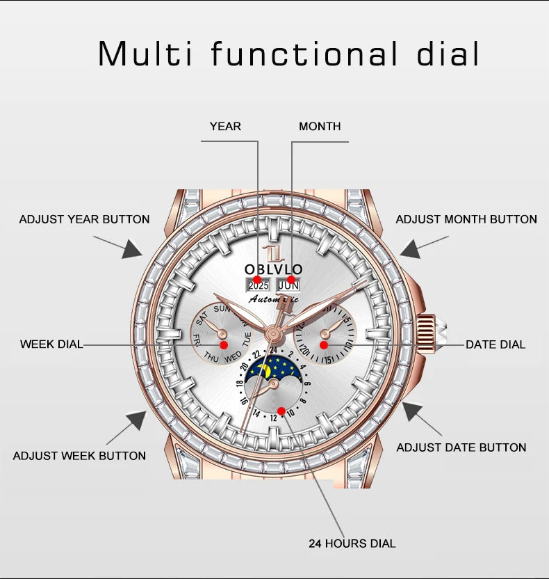 OBLVLO Men Automatic Watch 40mm Mechanical Wristwatch 5ATM Luminous Crystal Bezel Year,Month,Week,Date,24 Hours TY1655 Mov.