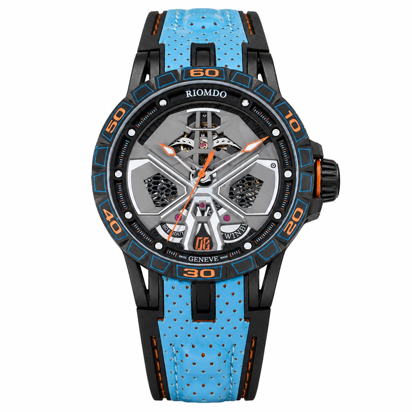 OBLVLO Mens Luxury Machinery Skeleton Mechanical Automatic Watches Analog Big Dial Blue Rubber Band Military Watch RD-909