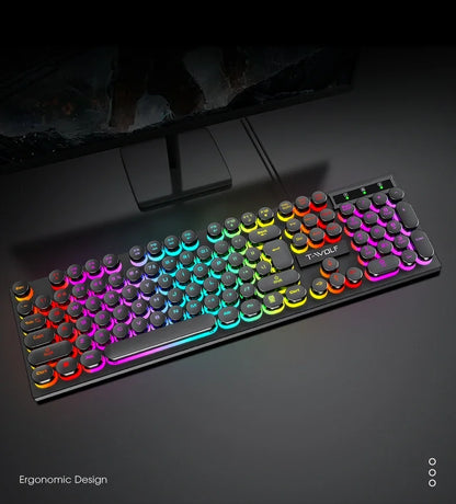 T80 Gaming Mechanical Feel Keyboard Wired 104 Keys Keyboard USB Retro Punk Game Office Suspended Keycap Cool RGB Lighting Effect