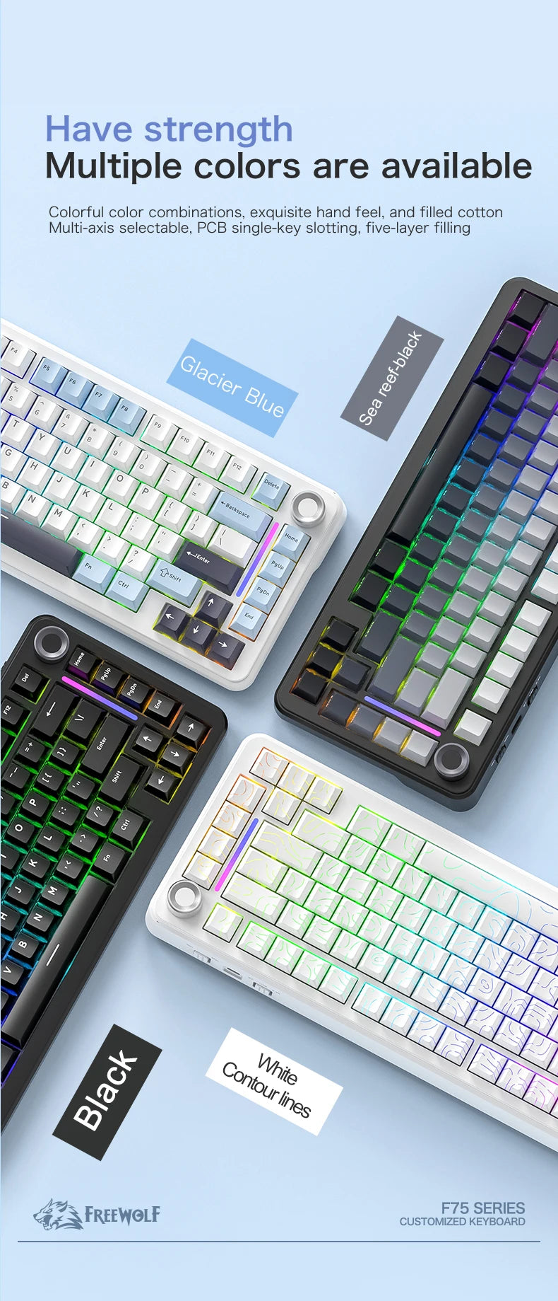 75% Hot Swap Gaming Keyboard Wireless FREEWOL F75 RGB Mechanical Keyboard with Metal Knobs AULA F75 Same Model, Tri-Mode, 4000 mAh