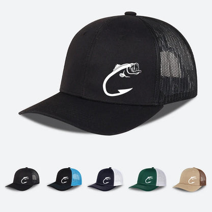 Trucker-kasket med bass-fiskekrog-print, justerbar, unisex, mesh, til fiskeentusiaster, solhat