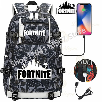 Mochila Red Jade F-Fortnited Battle Royale com carregamento USB, figuras anime e compartimento para material escolar para estudantes