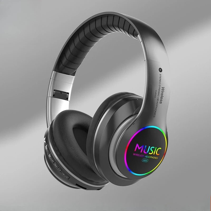 Casque audio RGB Bluetooth 5.0 sans fil, stéréo, circum-auriculaire, avec radio FM, carte TF, AUX, design pliable, 10H d'autonomie