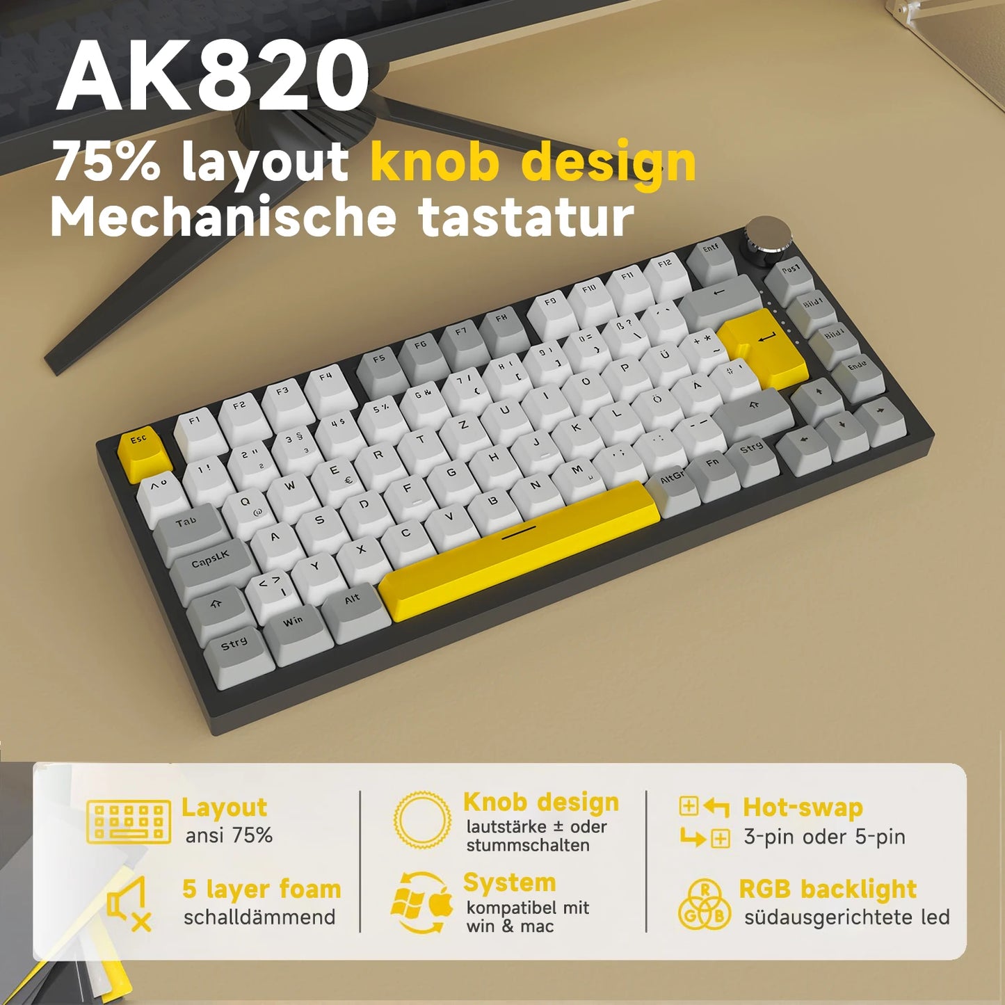 AJAZZ AK820 75% Wired Mechanical Keyboard: Hot‑Swappable, RGB/White/Ice‑Blue Backlit, Volume Knob Control | For Office & Gaming